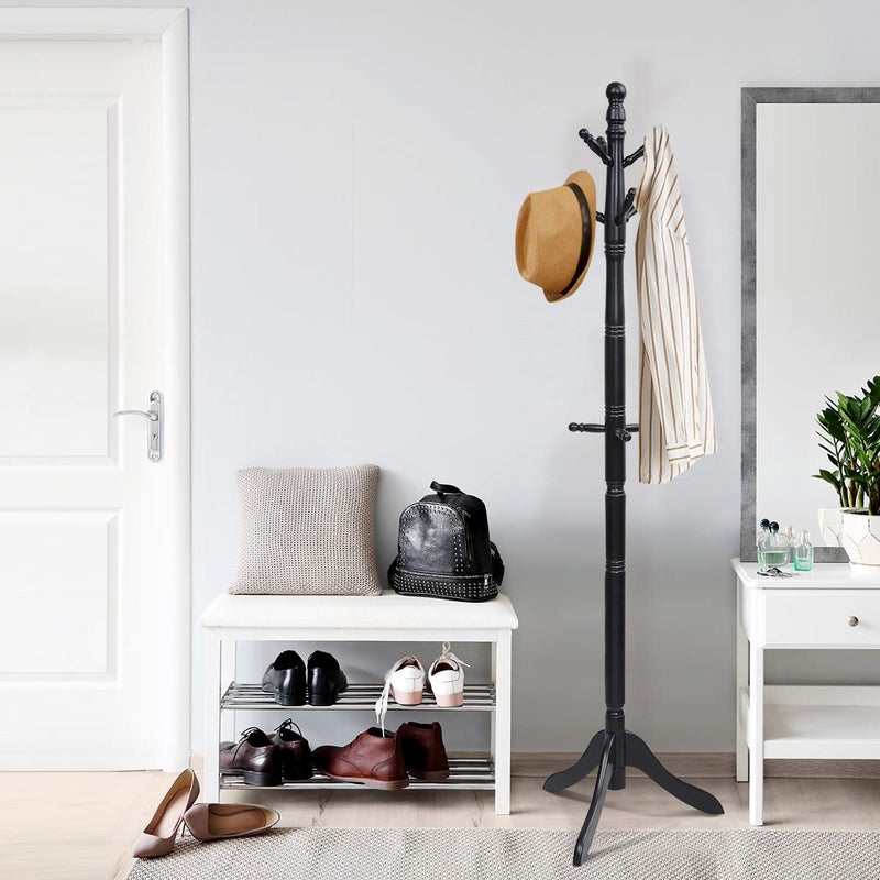 Tangkula Wood Coat Rack Freestanding, Entryway Height Adjustable Coat Stand with 9 Hooks & Stable Tri-Legged Base, Rubber Wood Coat Tree Hall Tree Coat Hanger Stand for Home Office Hall Entryway - Image 4